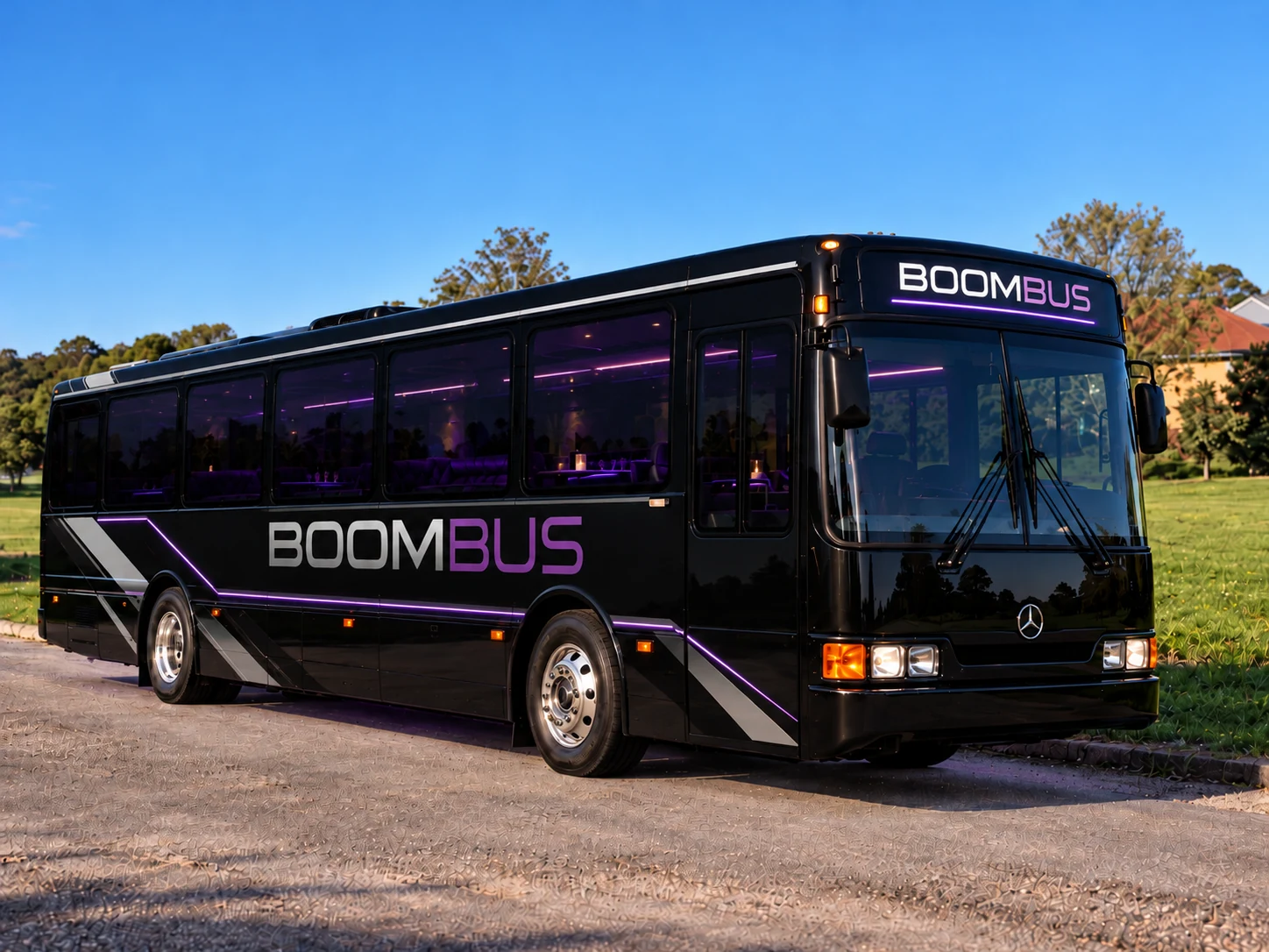 Digital concept of BOOMBUS in sleek black with dark tinted windows and subtle purple lighting